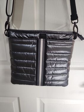 THINK ROYLN Farrah Bonded Pewter Nylon Quilted Crossbody Puffer Bag Purse